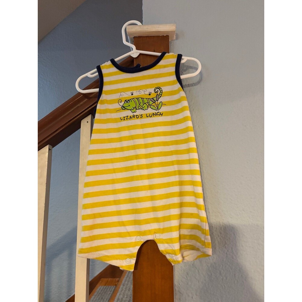 Yellow white striped baby romper lizard lunch flies bugs 12 mths vtg y2k